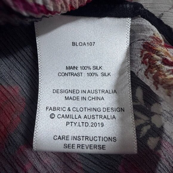 Camilla Mirror Mirror Raglan Button Up Shirt Black Floral Sheer Silk Blouse Sz L - Picture 13 of 16